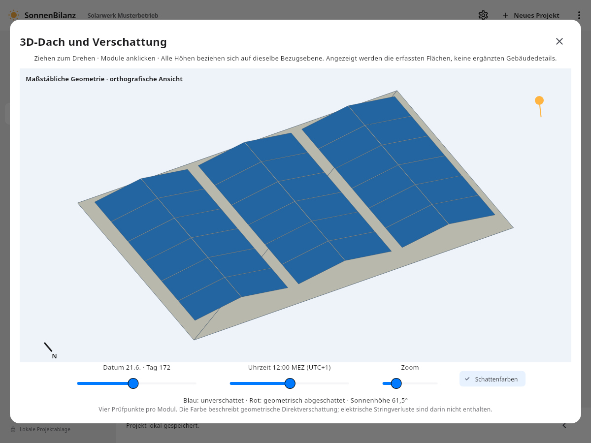 3D-Dachansicht mit Solarmodulen und Reglern für Datum und Uhrzeit.