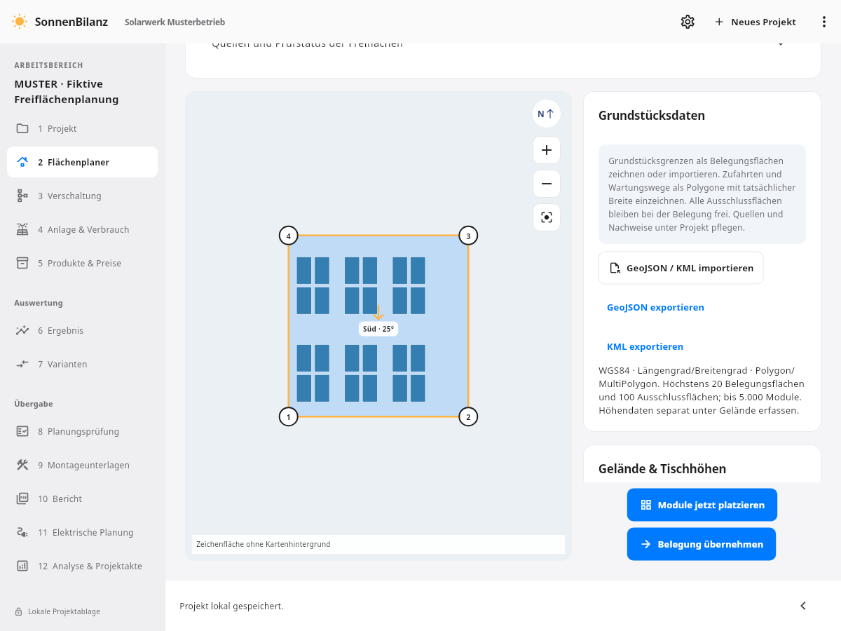 Flächenplaner mit Tischfeld und Grundstücksdaten