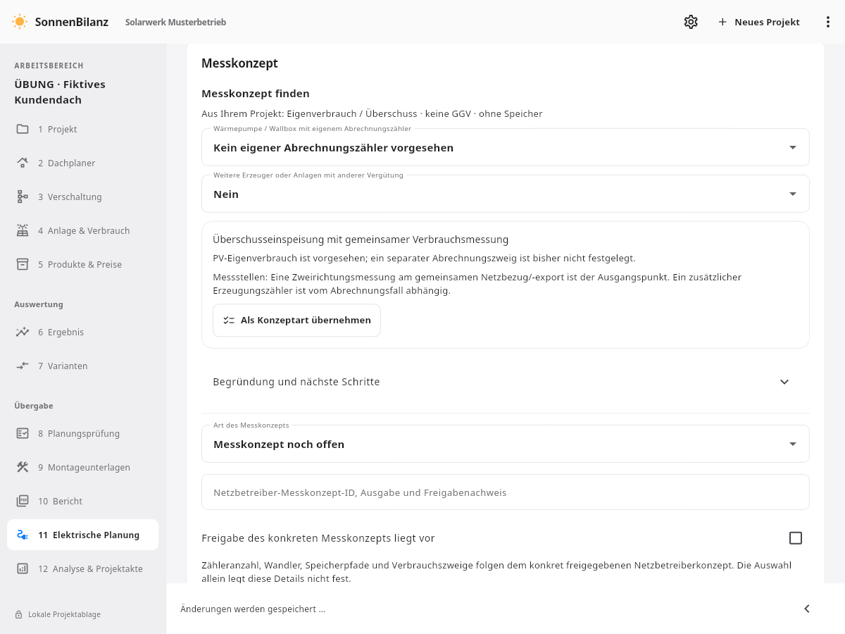 SonnenBilanz-Assistent für die Messkonzept-Auswahl mit begründetem Vorschlag und offenen Prüfpunkten.