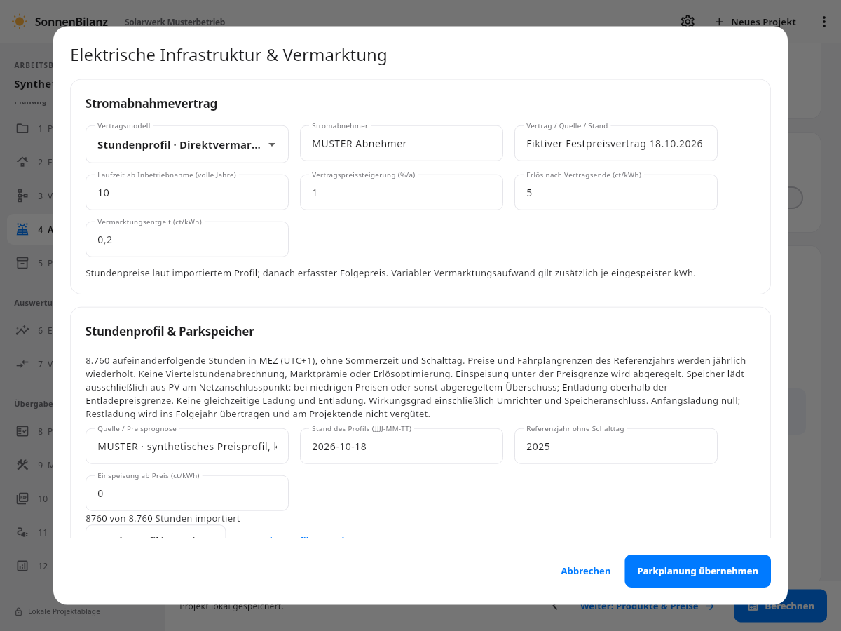 Vermarktungsannahmen eines fiktiven Solarparks